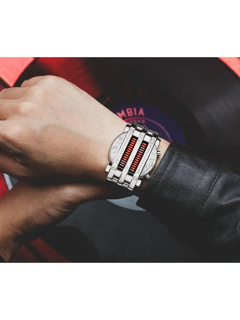 Mens Silver Orange Analog Quartz Bracelet Waterproof Binary Matrix Digital Watch